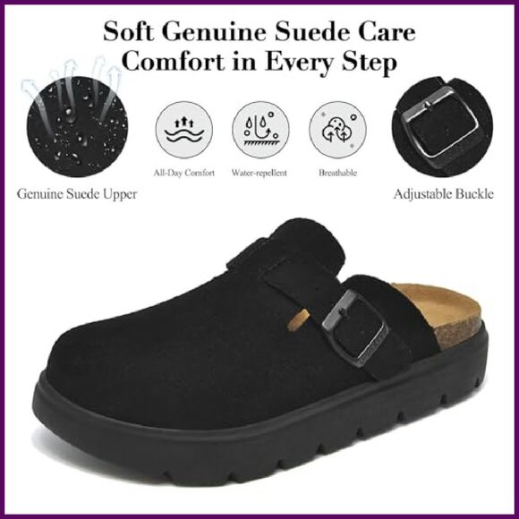 Genuine Suede Clogs with Arch Support & Memory Foam Platform Mules
